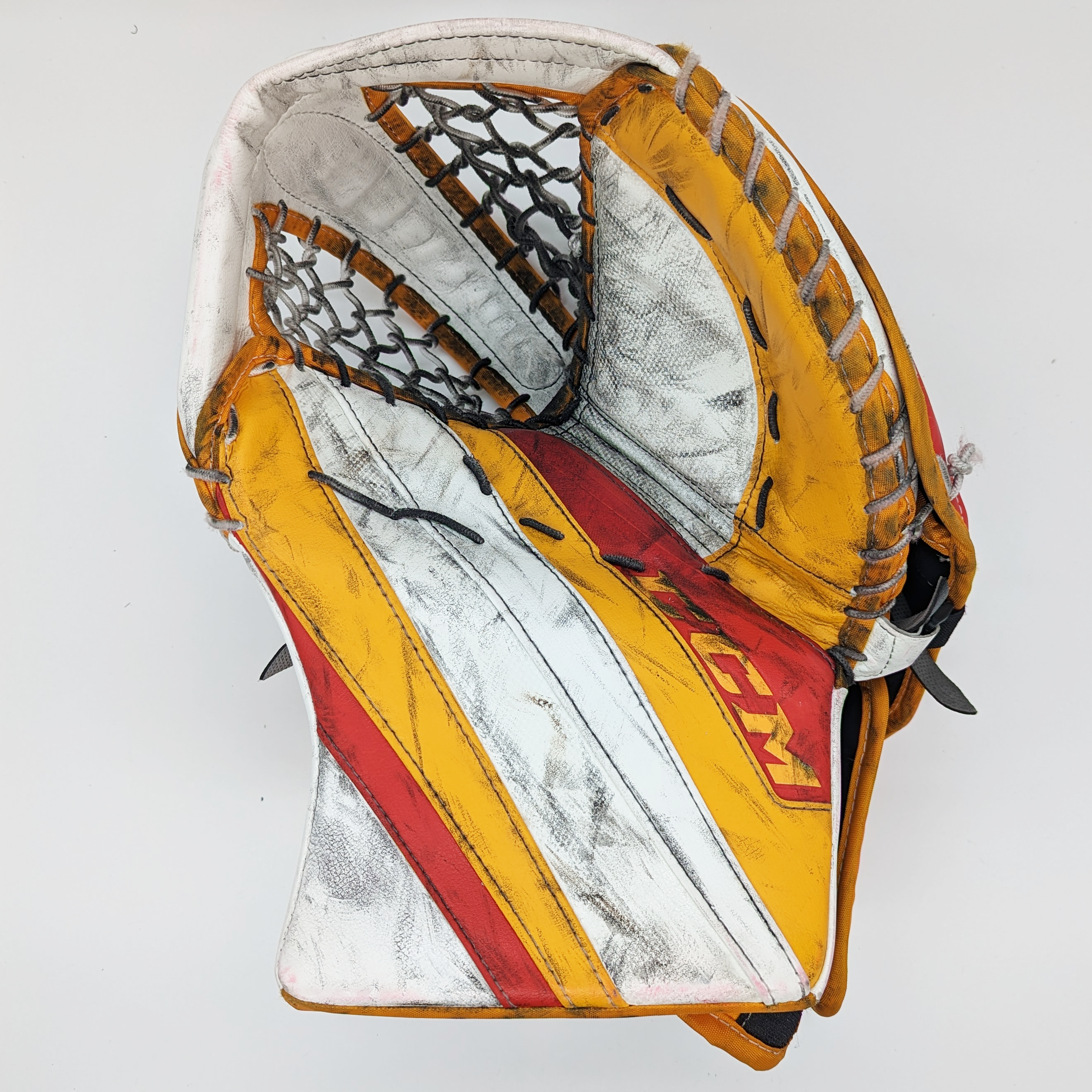 CCM Extreme Flex 5 - Gant de gardien de but Pro Stock Regular d'occasion (blanc/rouge/jaune)